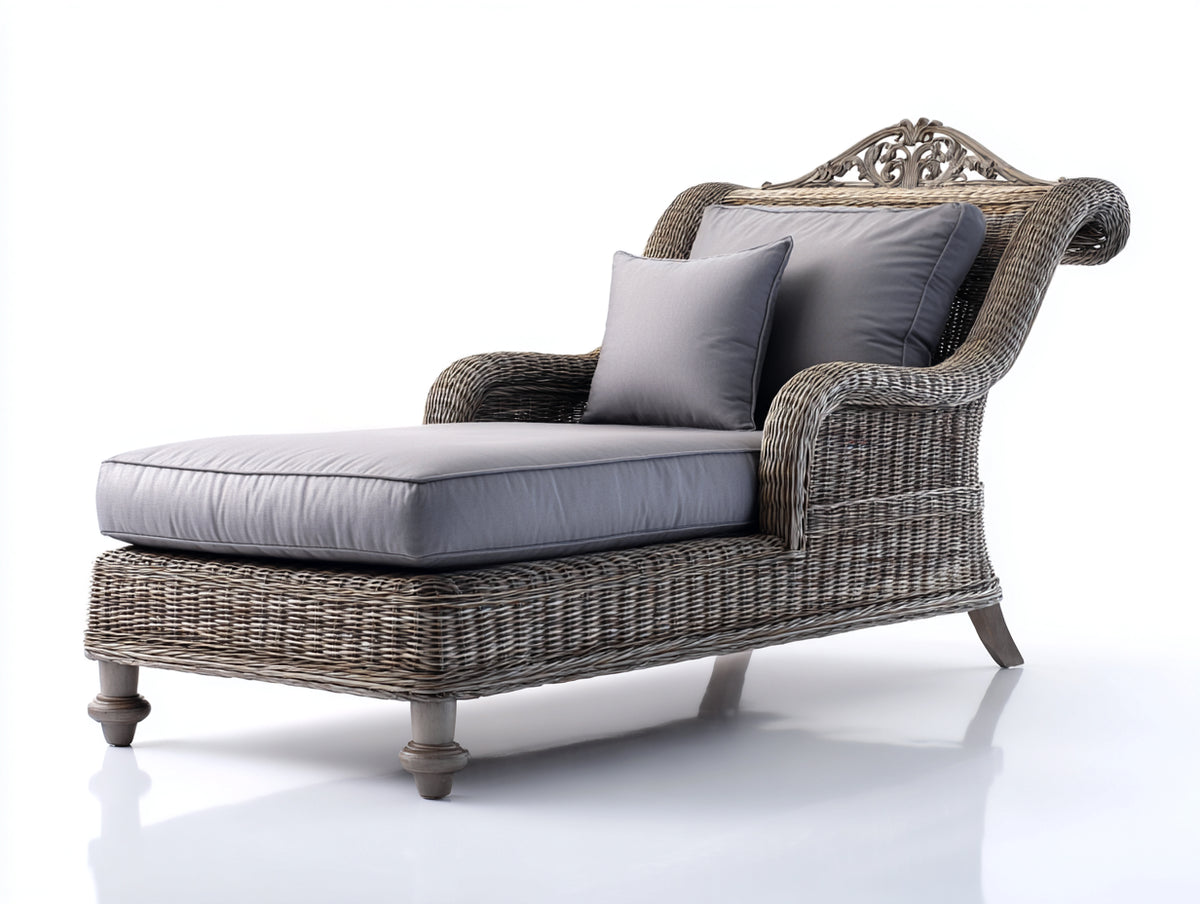 Tumbona de jardín de ratán con respaldo decorativo tapizado gris 190x70x85 cm - gris-marrón - estilo clásico elegante para exterior