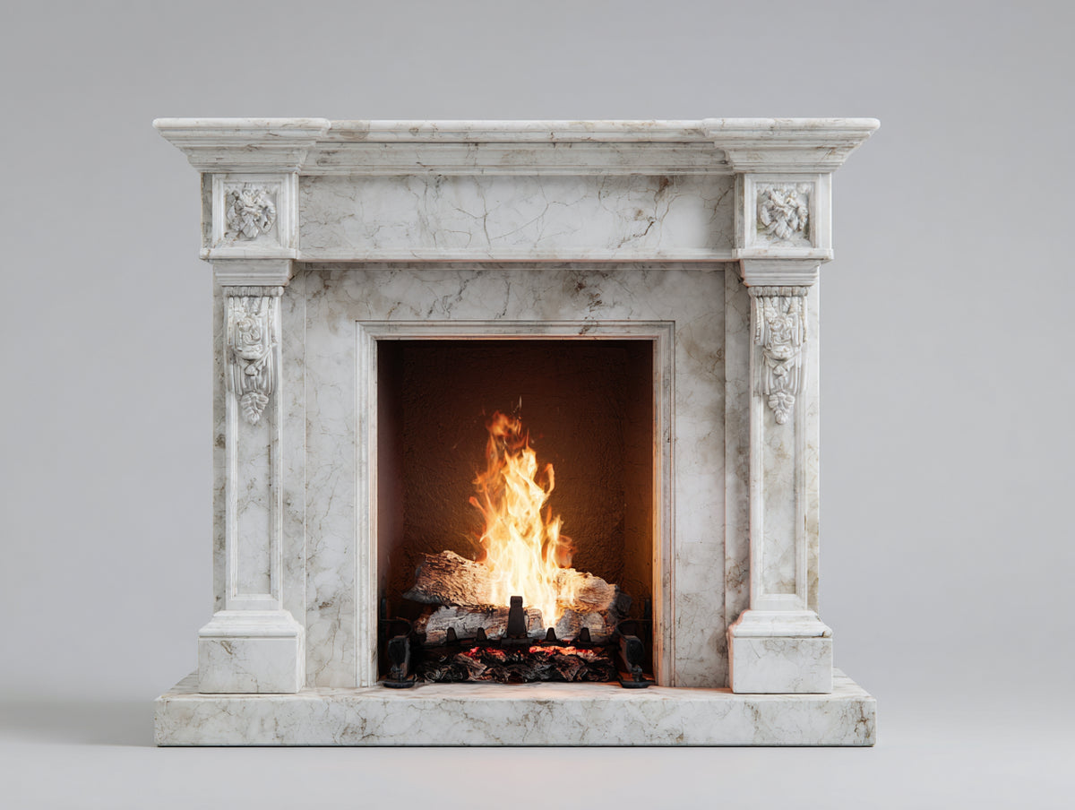 Chimeneas eléctricas de mármol estilo clásico ornamental 140x120x40 cm blanco elegante interior con efecto llama real