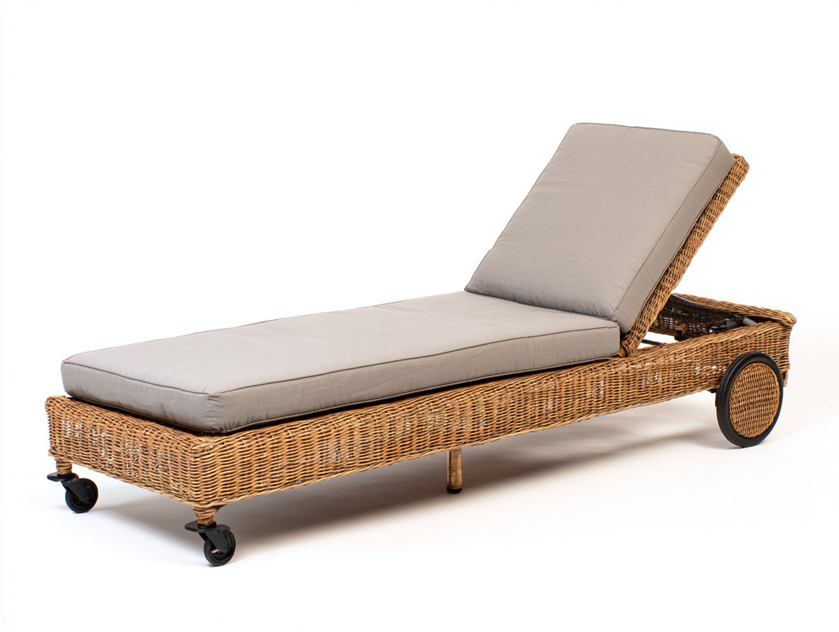 Tumbona de jardín de ratán con ruedas y respaldo reclinable 195x70x90 cm - marrón beige - estilo moderno exterior funcional