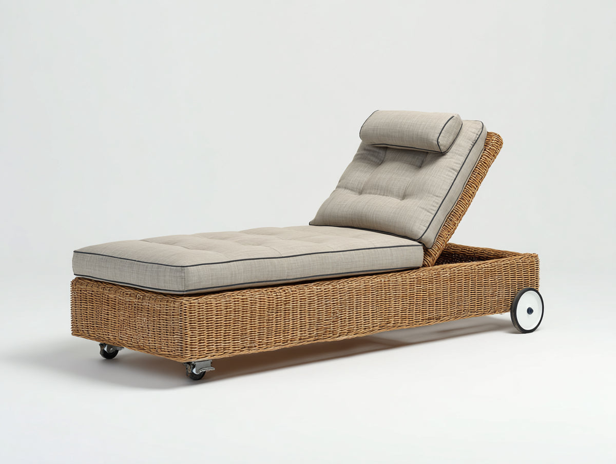 Tumbonas de ratán sintético 198x68x34 cm - Respaldo reclinable - Natural y beige - Con ruedas para jardín