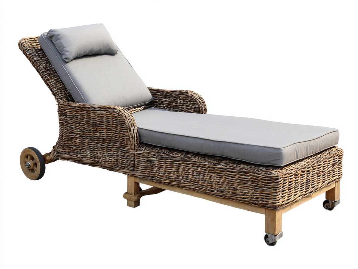 Tumbonas tumbona de exterior en ratán natural con ruedas y respaldo reclinable 200x70x90 cm estilo rústico moderno