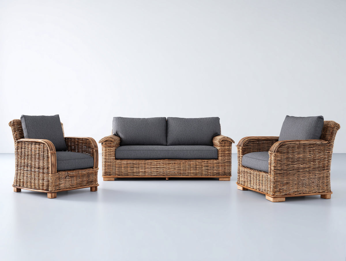 Sofás de exterior conjunto de muebles de jardín de ratán sintético con sofá de 3 plazas y 2 sillones 195x80x85 cm marrón natural y cojines grises diseño moderno para terraza y jardín