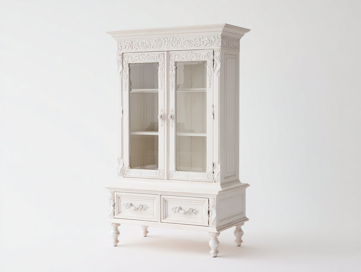 Vitrina de madera cristal tallada 120x45x190 cm - Blanco envejecido - Estilo clásico ornamental