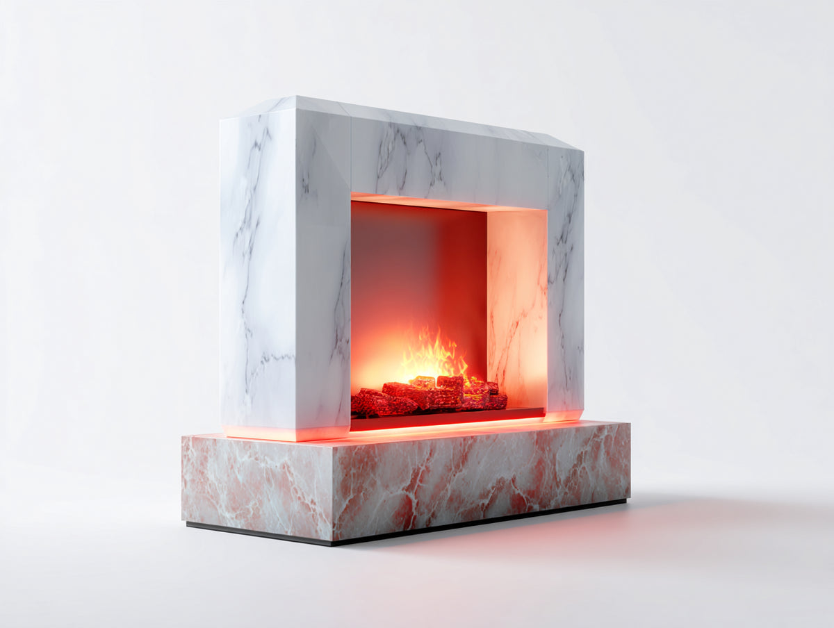 Chimeneas eléctricas de suelo estilo mármol blanco y base piedra 100x35x110 cm efecto llama LED decorativa para salón diseño moderno minimalista