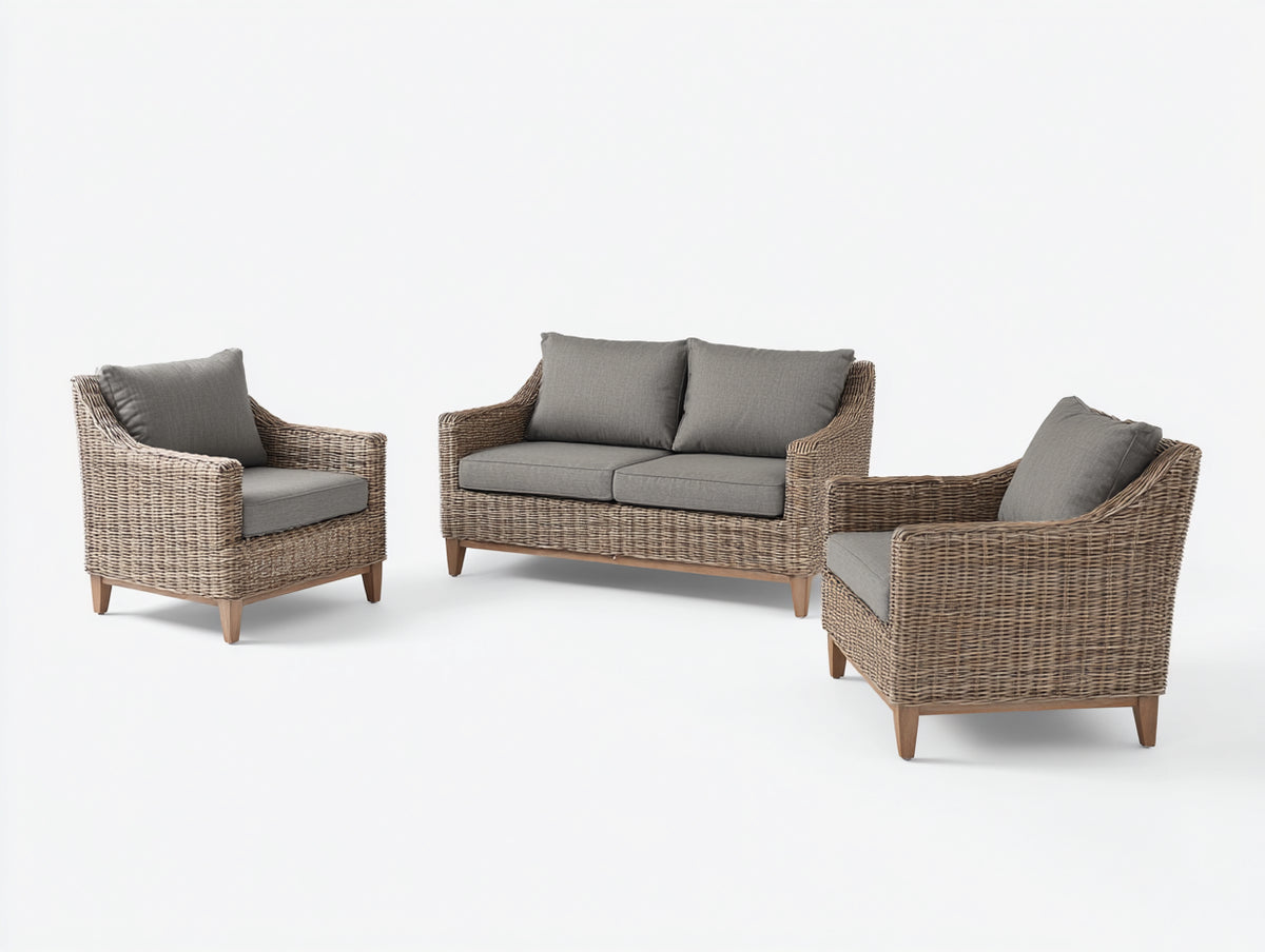 Sofás de exterior de ratán sintético 210 x 82 x 82 cm - Gris topo-Gris claro - Conjunto de jardín moderno de 3 piezas