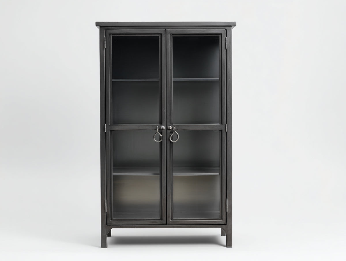 Vitrina de metal con puertas de cristal 90 x 40 x 190 cm - Negro mate - Estilo industrial para salón y comedor