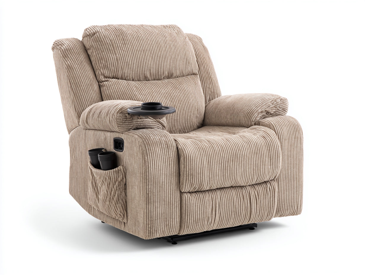 Sillones reclinables de tela de pana 102x95x106 cm - beige - para salón con bandeja y portavasos