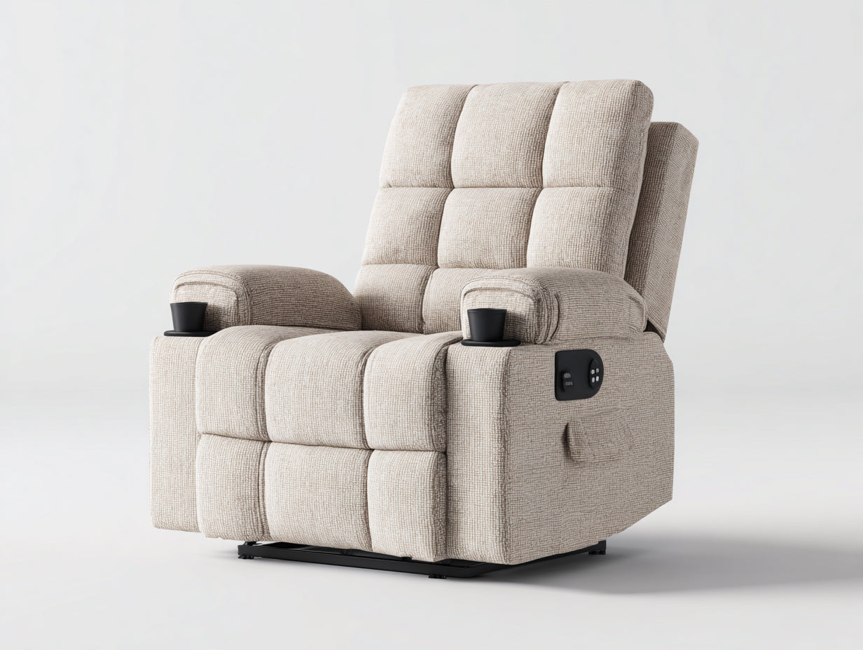 Sillones reclinables eléctricos de tejido texturizado 96x94x103 cm color beige para salón - portavasos integrados - panel lateral