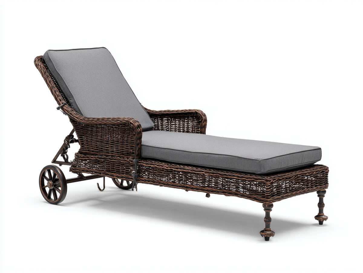 Tumbonas de ratán sintético 200x72x88 cm - Respaldo reclinable - Marrón y gris - Con ruedas para jardín