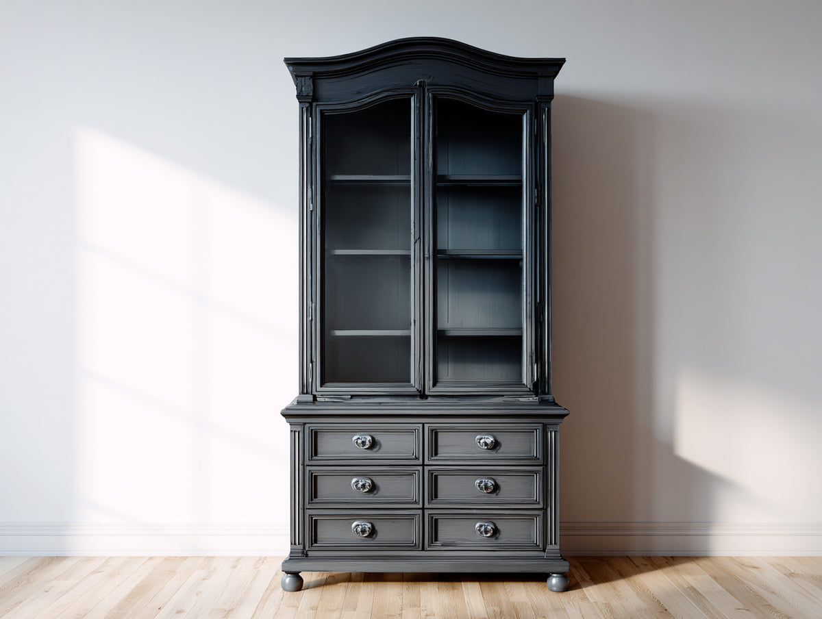 Vitrinas vitrina de madera gris oscuro con puertas de cristal y 6 cajones 100x40x190 cm estilo clasico elegante para salon comedor